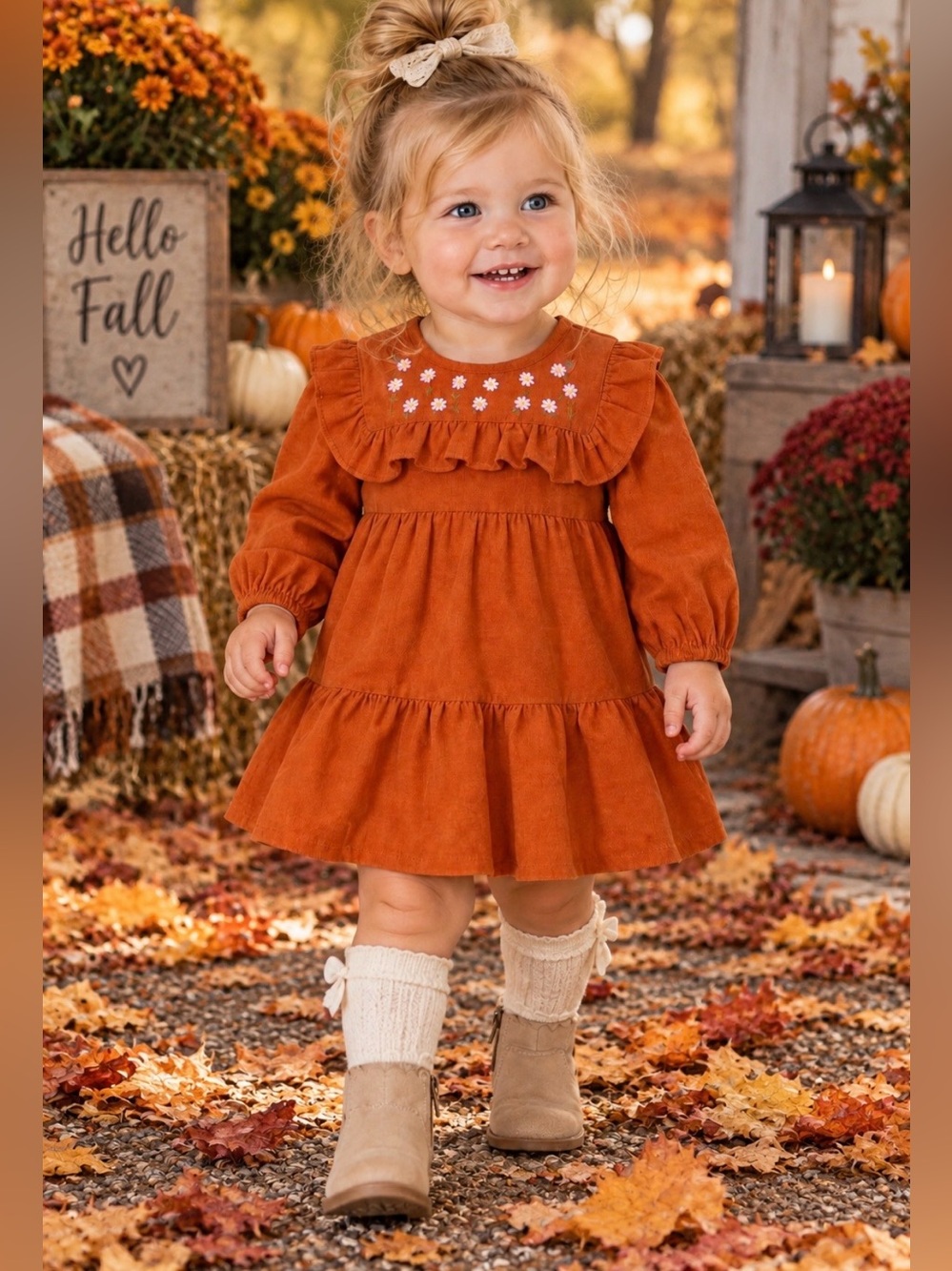 NWT Bonnie Baby - Baby Girls Corduroy Dress with Ruffled Bib